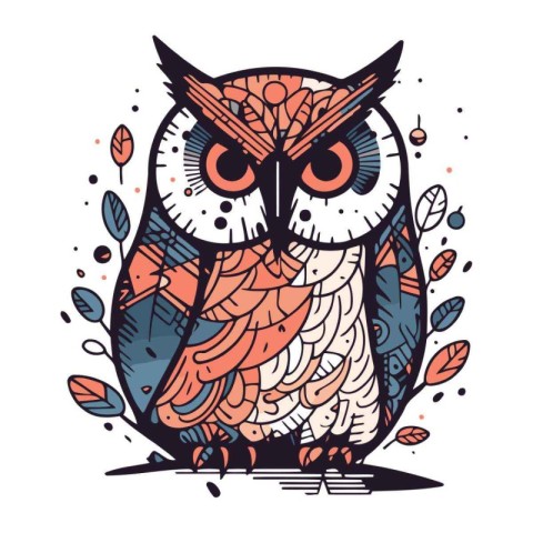 Hand drawn vector illustration with cute owl. Sketch for your de