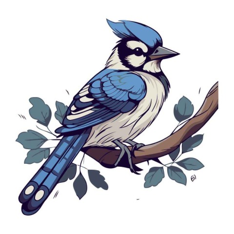 Blue jay bird sitting on a tree branch. Vector illustration.