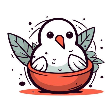 Cute penguin in a bowl with leaves. Vector illustration.