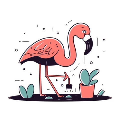 Flamingo in the garden. Vector illustration in flat style.