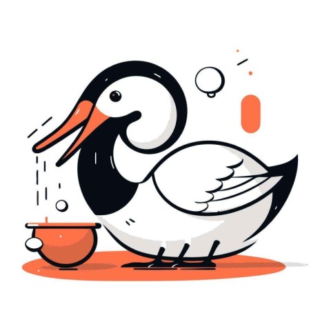 Vector illustration of a duck with a bowl of soup. Flat style.