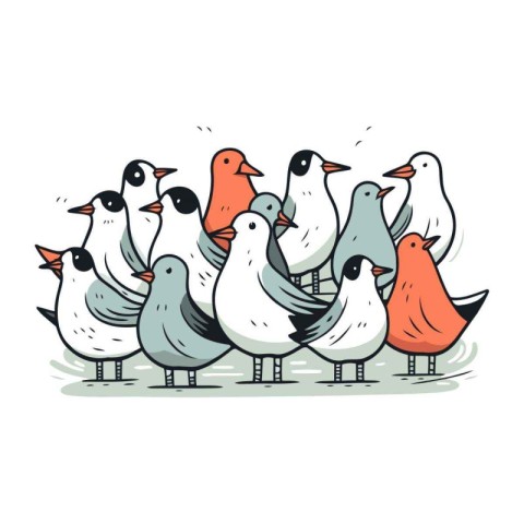 Flock of cute seagulls. Vector illustration in cartoon style.