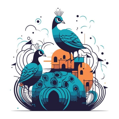 Vector illustration of a pair of peacocks on the background of a