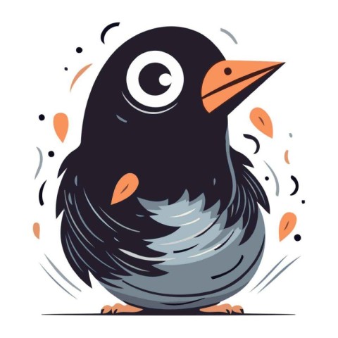 Cute cartoon black bird isolated on white background. Vector ill