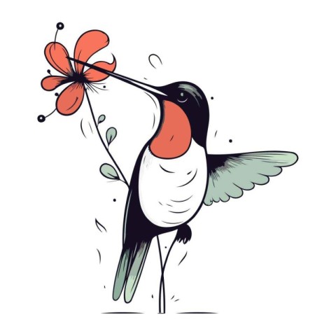 Hummingbird with flower in its beak. Vector illustration.