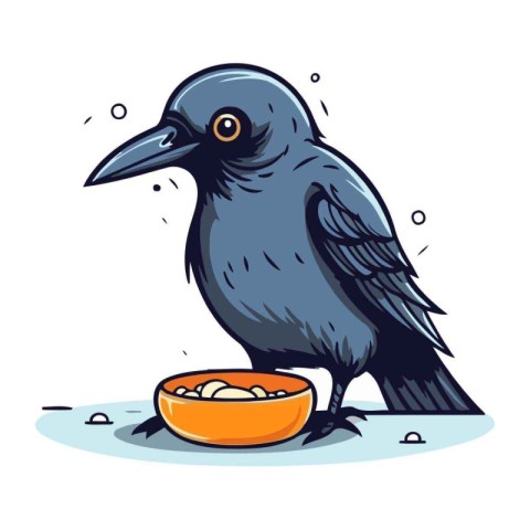 Crow eating food from a bowl. Vector illustration in cartoon sty