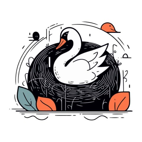 Swan in the nest. Vector illustration in doodle style.