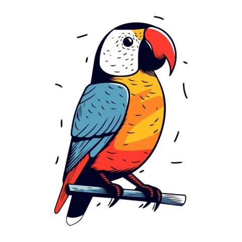 Colorful parrot on a branch. Vector illustration in cartoon styl