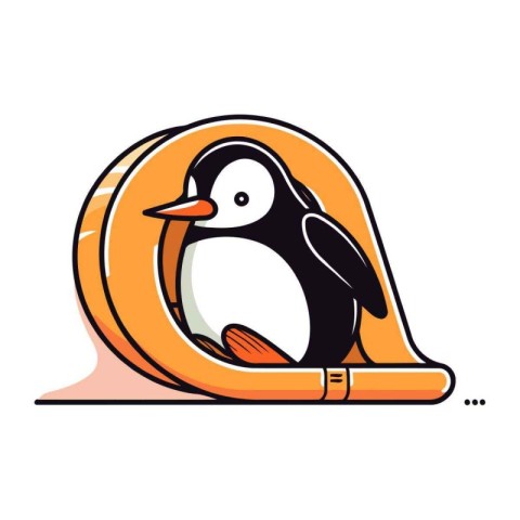 Cute penguin in an orange car seat. Vector illustration.