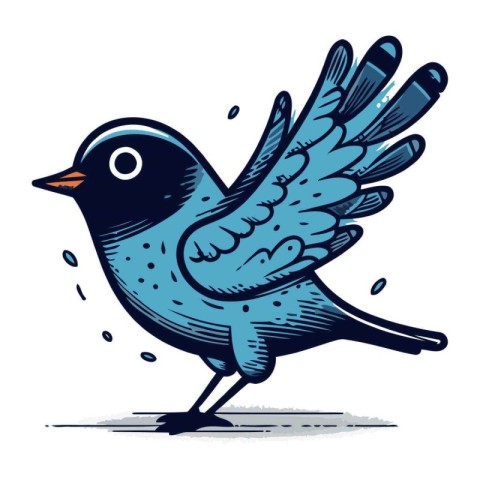 Hand drawn illustration of a blue bird with wings spread. Vector