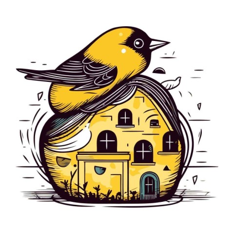 Bird sitting on the roof of a house. Hand drawn vector illustrat