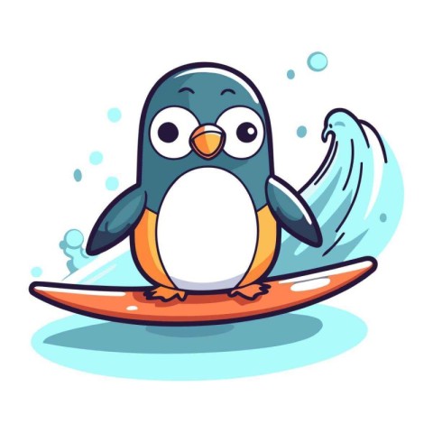 Cute penguin on a surfboard. Vector illustration in cartoon styl