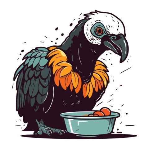 Vector illustration of a vulture eating from a bowl of food.