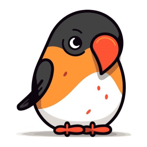 Illustration of a cute little cartoon bullfinch on a white backg