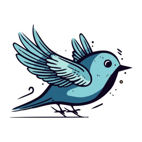 Blue bird with wings. Hand drawn vector illustration isolated on