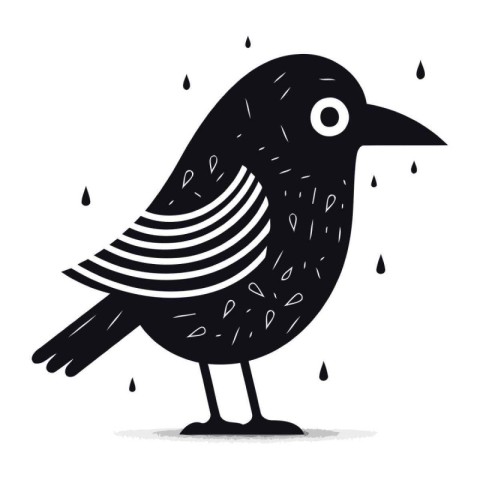 Cute black crow with rain drops. Vector illustration isolated on