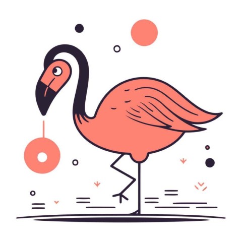 Flamingo bird. Vector illustration in line art style on white ba