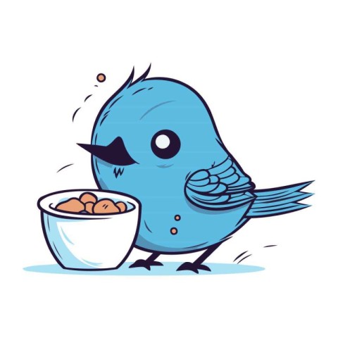 Cute blue bird with a bowl of food. Vector illustration.