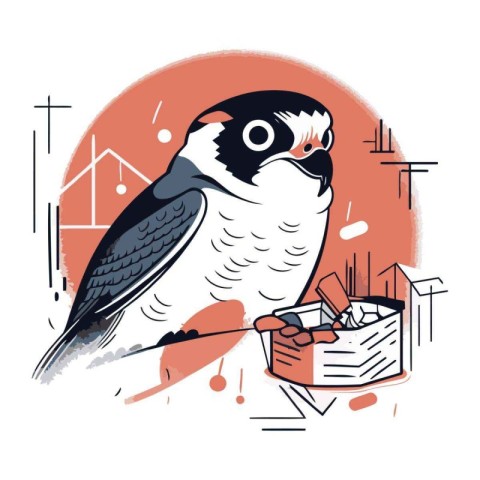 Hand drawn vector illustration of a falcon with a box of food.