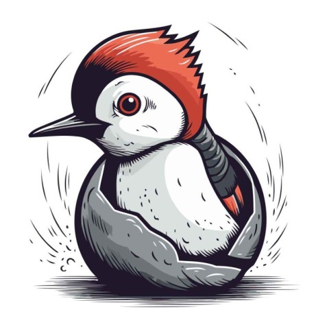 Vector image of a cute cartoon woodpecker sitting on a stone