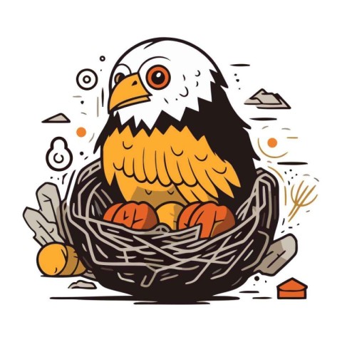 Eagle in a nest with eggs. Vector illustration in cartoon style.