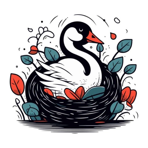 Vector illustration of a swan in a nest with leaves and flowers.