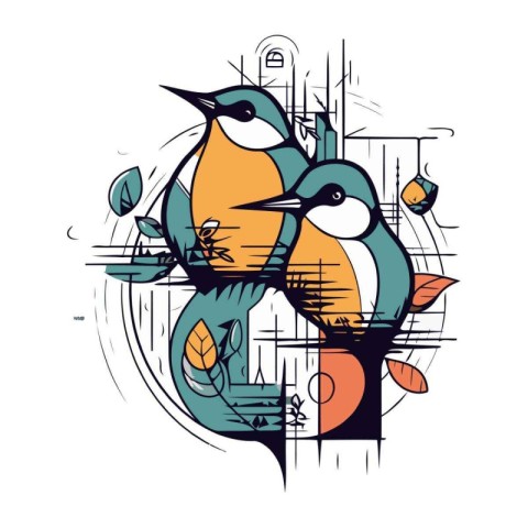 Vector illustration of two birds sitting on a branch in the city