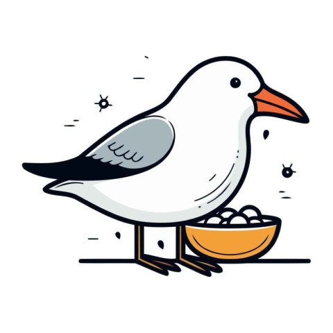 Seagull and bowl of food. Vector illustration in cartoon style.