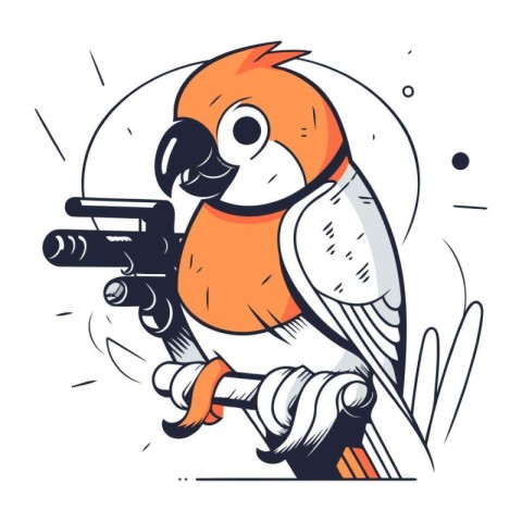 Cute parrot with a gun in his hand. Vector illustration.