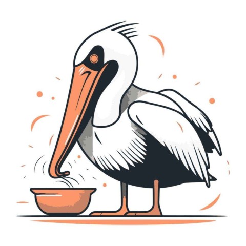 Pelican with bowl of food. Vector illustration in cartoon style.