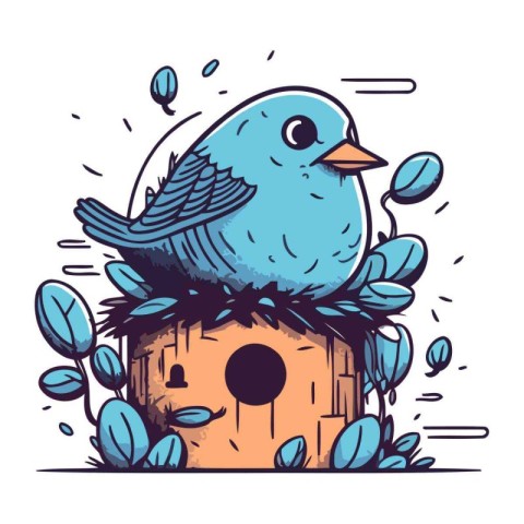 Hand drawn vector illustration of a cute blue bird sitting in a