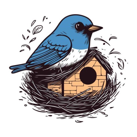 Bird in the nest. Vector illustration of a bird in a birdhouse.