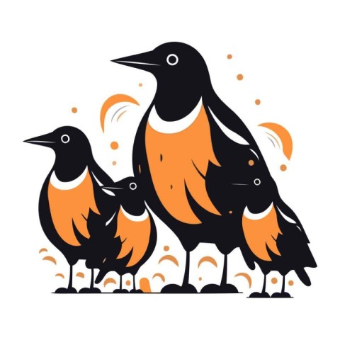 Vector illustration of a group of black and orange birds on whit