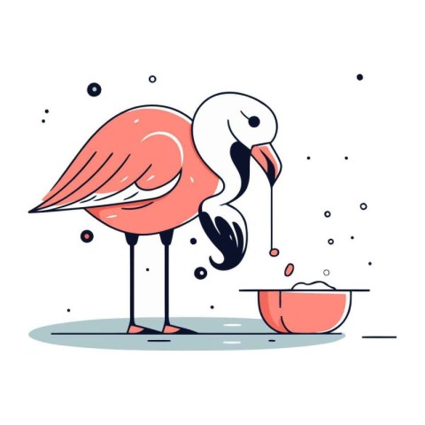 Flamingo with a bowl of food. Vector illustration in linear styl