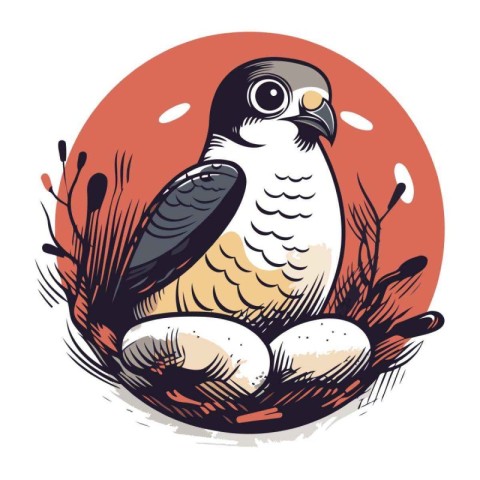 Pigeon sitting on a nest with eggs. Vector illustration.