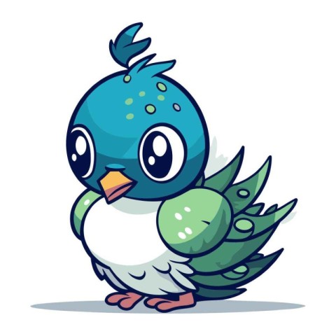 Cute cartoon blue bird with green wings. Vector illustration iso