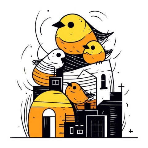 Vector illustration of a family of birds in the city. Doodle sty