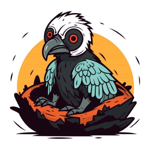 Illustration of a crow sitting in a nest. Vector illustration.