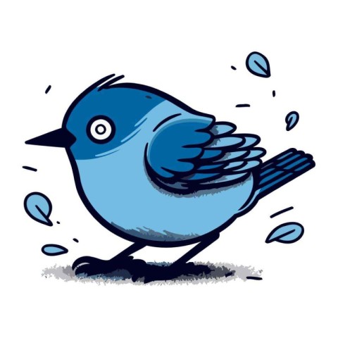 Cartoon blue bird on a white background. Hand drawn vector illus