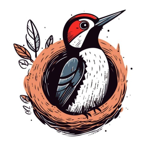 Woodpecker in the nest. Hand drawn vector illustration in sketch