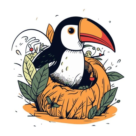 Hand drawn vector illustration of a cute toucan sitting in a pum