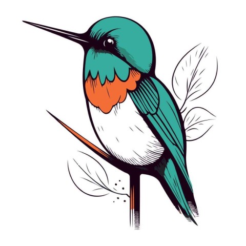 Colorful bird sitting on a branch. Vector illustration in sketch