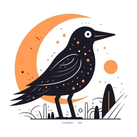 Crow on the background of the moon. Vector illustration in flat