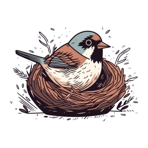 Bird in the nest. Hand drawn vector illustration in sketch style