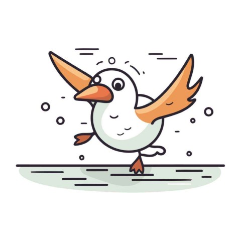 Cute cartoon bird with flying wings. Vector illustration in line