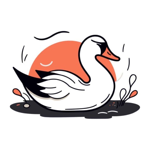 Vector illustration of a white swan swimming in the river on a s