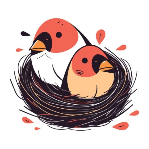 Vector illustration of two cute birds in the nest on a white bac