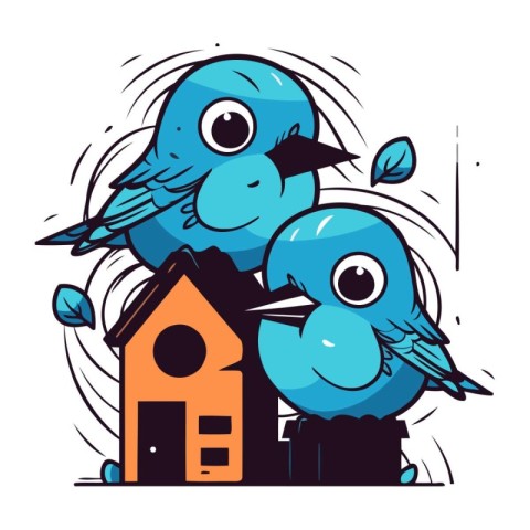 Cute cartoon blue birds in front of a house. Vector illustration