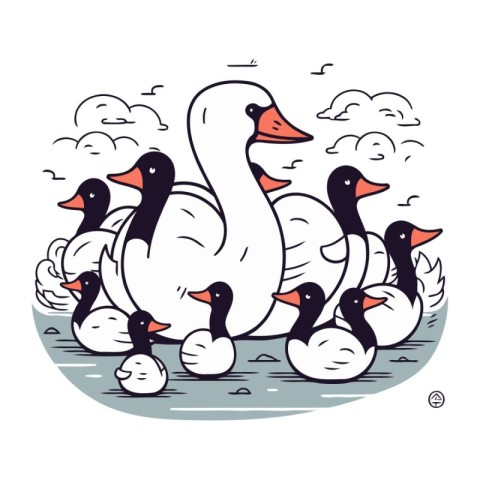 Swan family with ducklings. Vector illustration in doodle style.