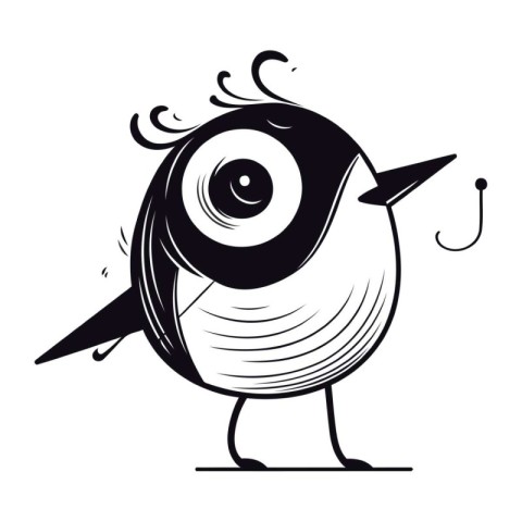 Black and white vector illustration of a cute cartoon bird on a